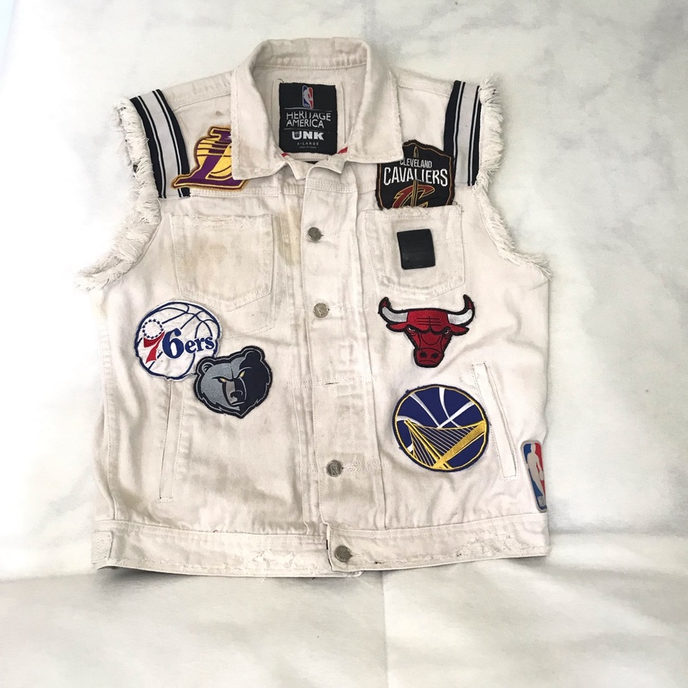 NBA Heritage America White Sleeveless Denim Vest with Team Patches